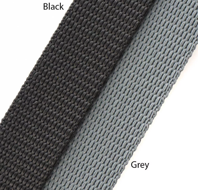 Close-up of black and gray woven straps on a white background