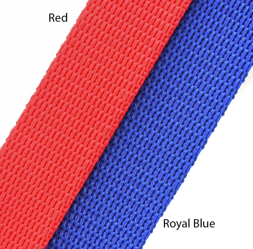 Close-up of red and royal blue webbing straps.