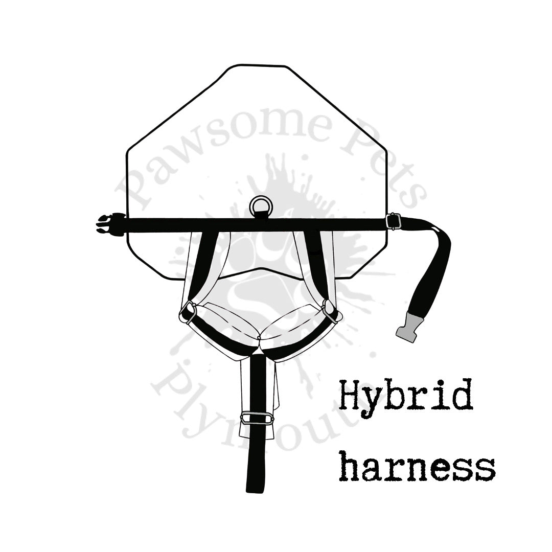 Black and white illustration of a hybrid harness with 'Hybrid harness' text on a white background.