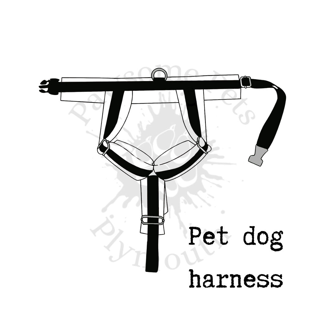 Black and white illustration of a pet dog harness with text on a white background
