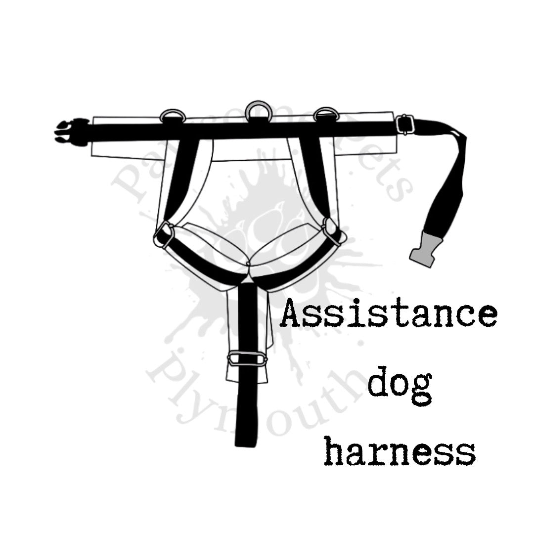 Black and white illustration of an assistance dog harness on a white background.