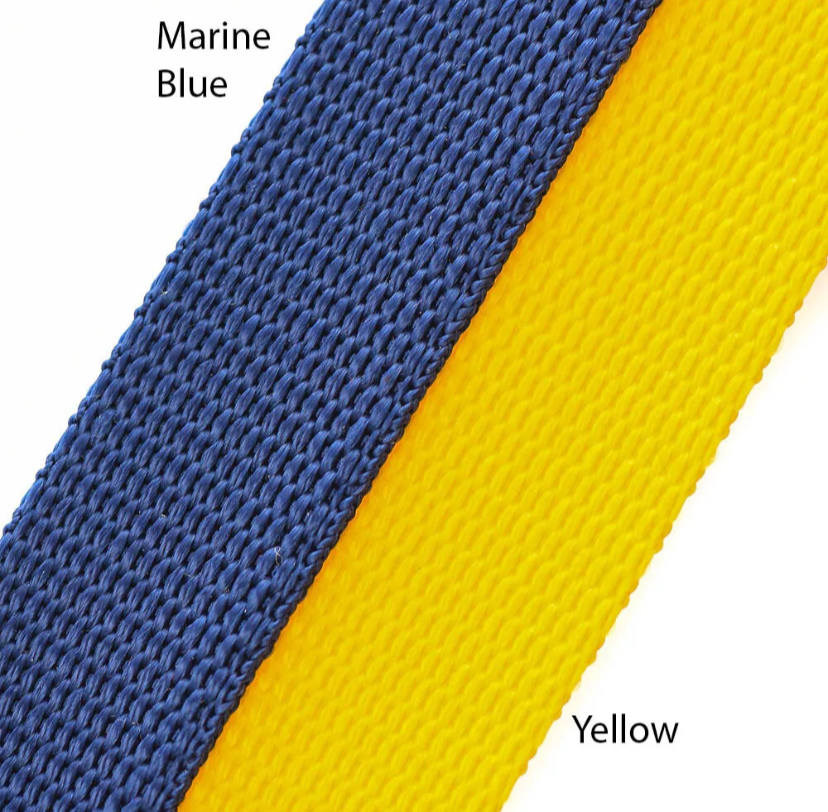 Close-up of marine blue and yellow woven fabric strip