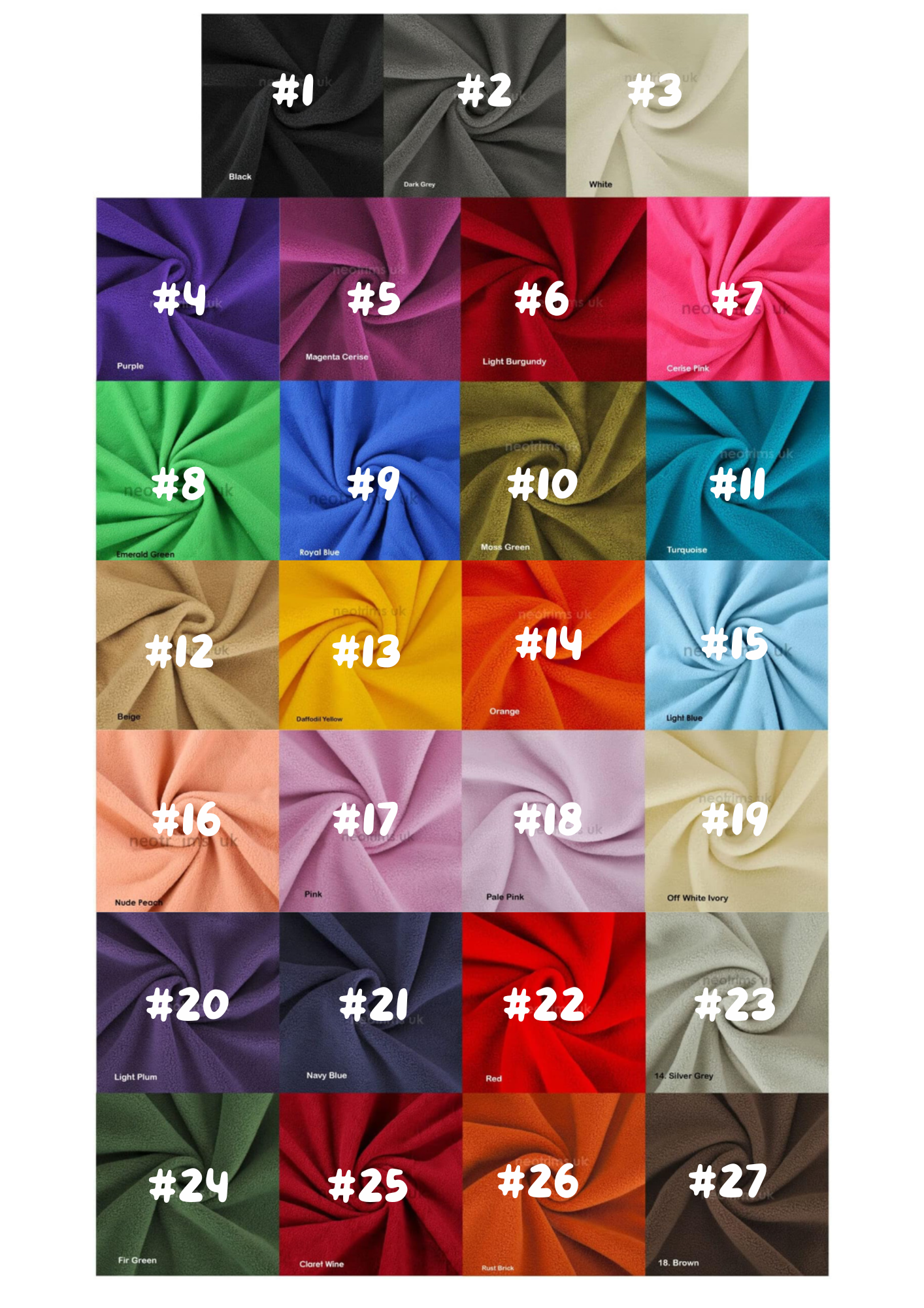 Grid of fabric swatches in various colors with numbers indicating their order.